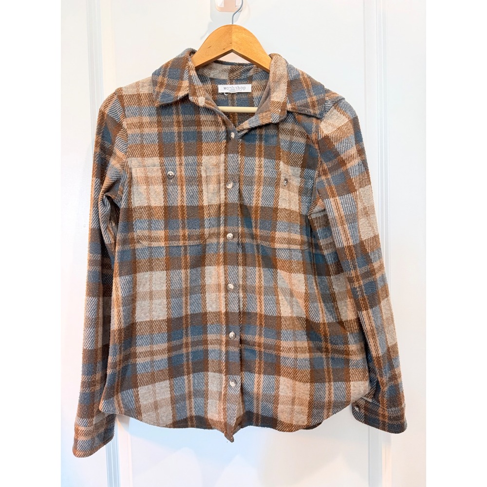 Workshop Republic Clothing Plaid Button Down Shirt Brown Blue Tan Size XS